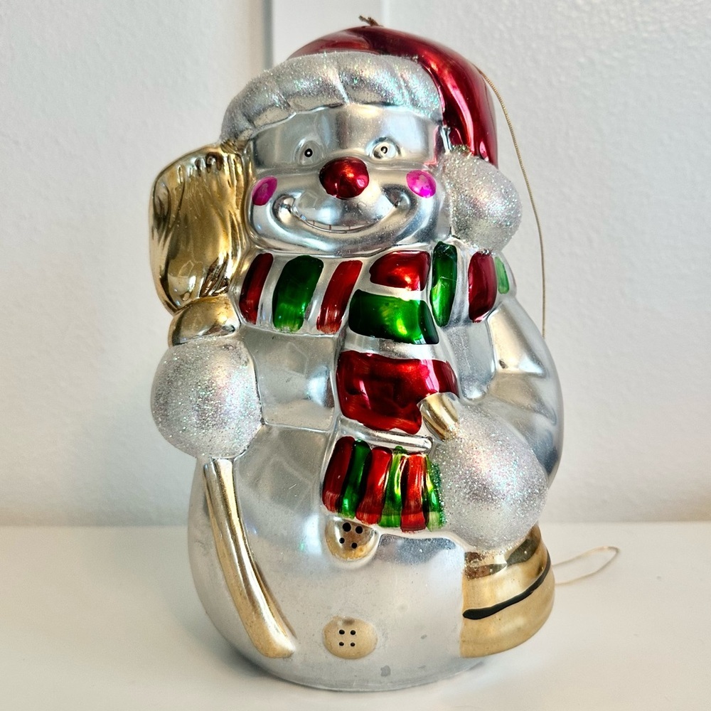 VTG Ceramic Metalic Snowman Santa 8” Large Ornament Decor Christmas Holiday